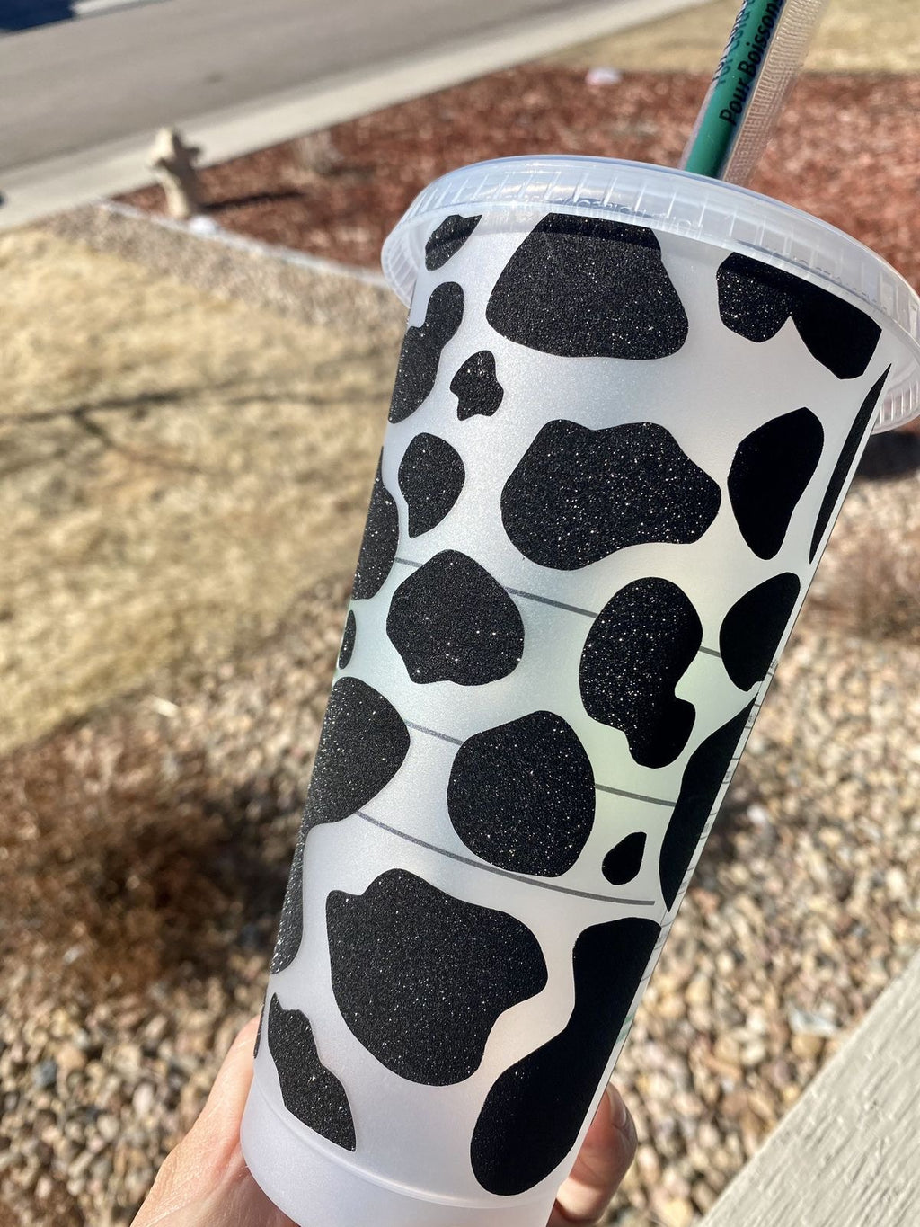 COW PRINT TUMBLER “Moo-re Sparkles” 24OZ BLACK GLITTER COW PRINT COLD CUP WITH OR WITHOUT RHINESTONES