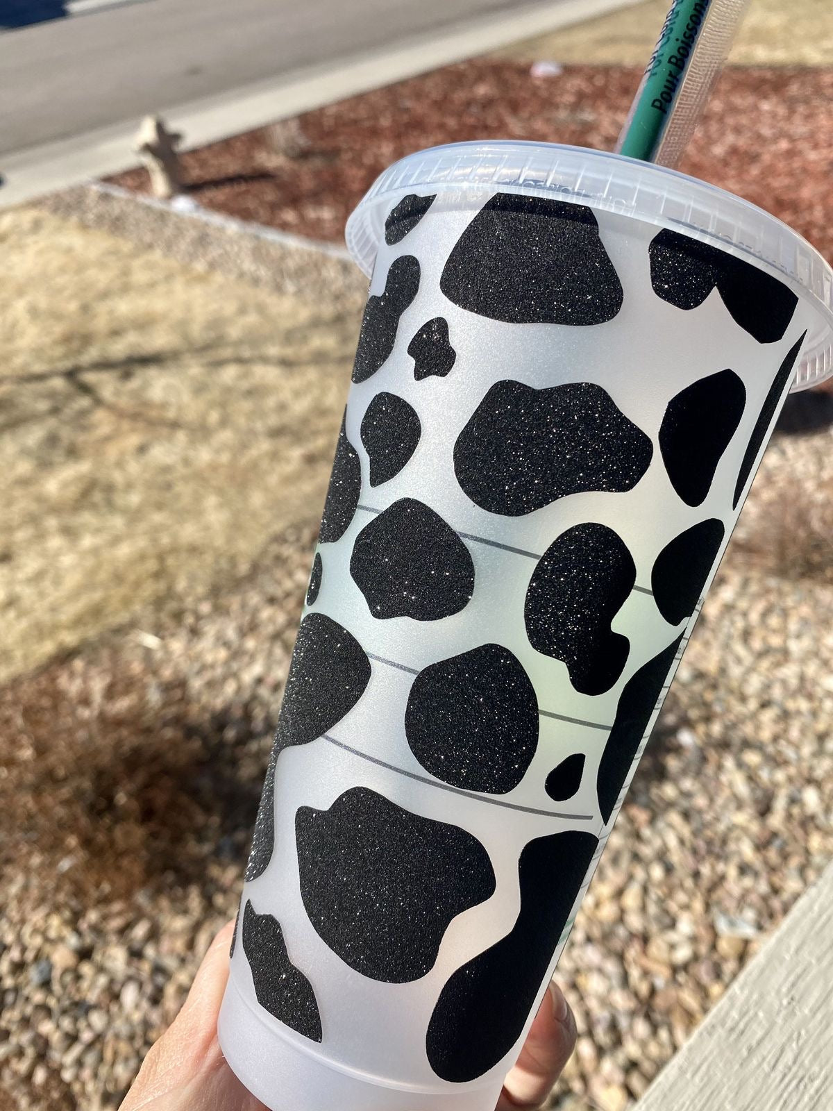 COW PRINT TUMBLER “Moo-re Sparkles” 24OZ BLACK GLITTER COW PRINT COLD CUP WITH OR WITHOUT RHINESTONES
