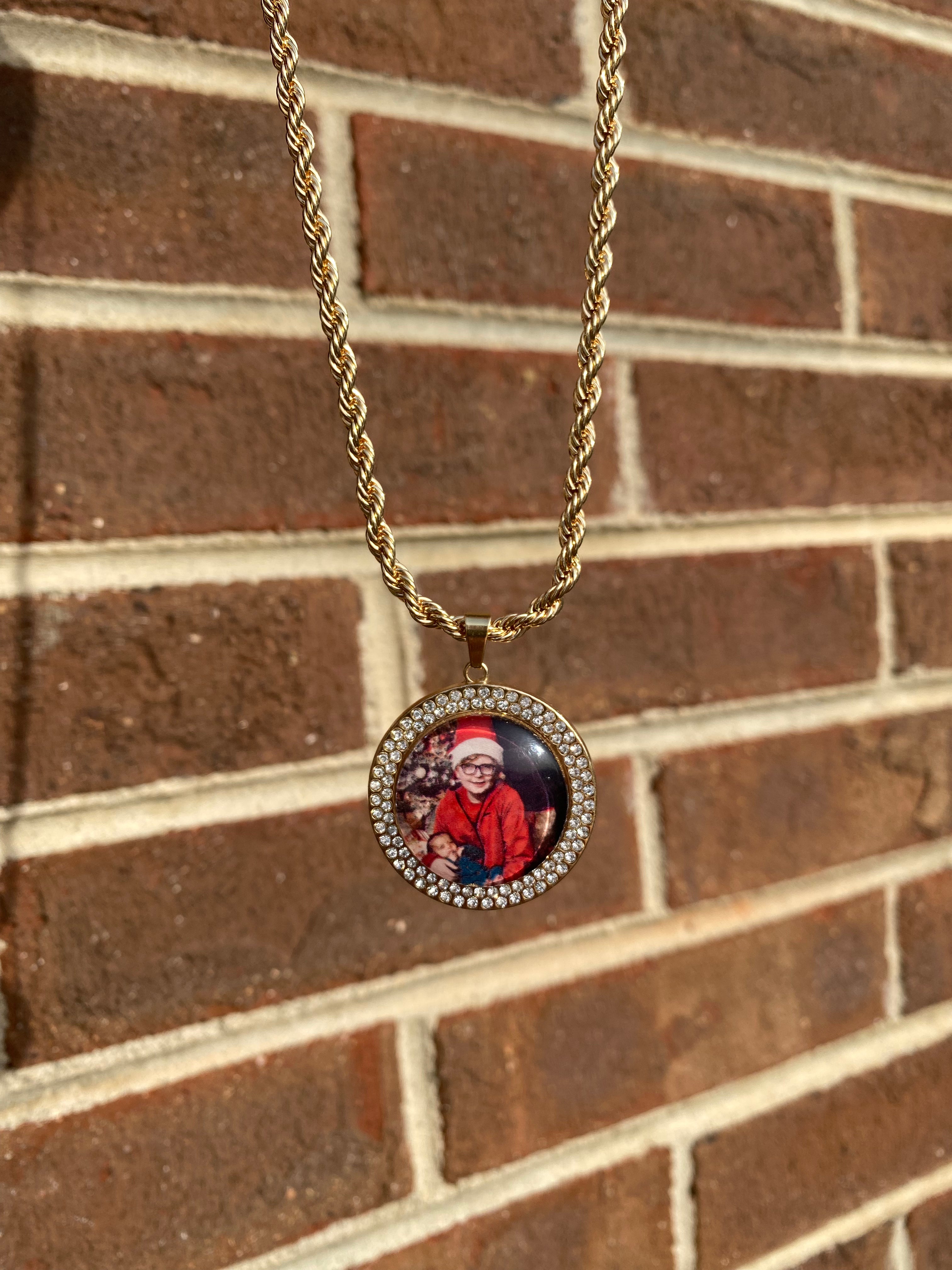 Gold Photo Pendant - The Lumière Collection | 25mm Round Photo Necklace, Bangle, or Keychain with Double Rhinestone Border