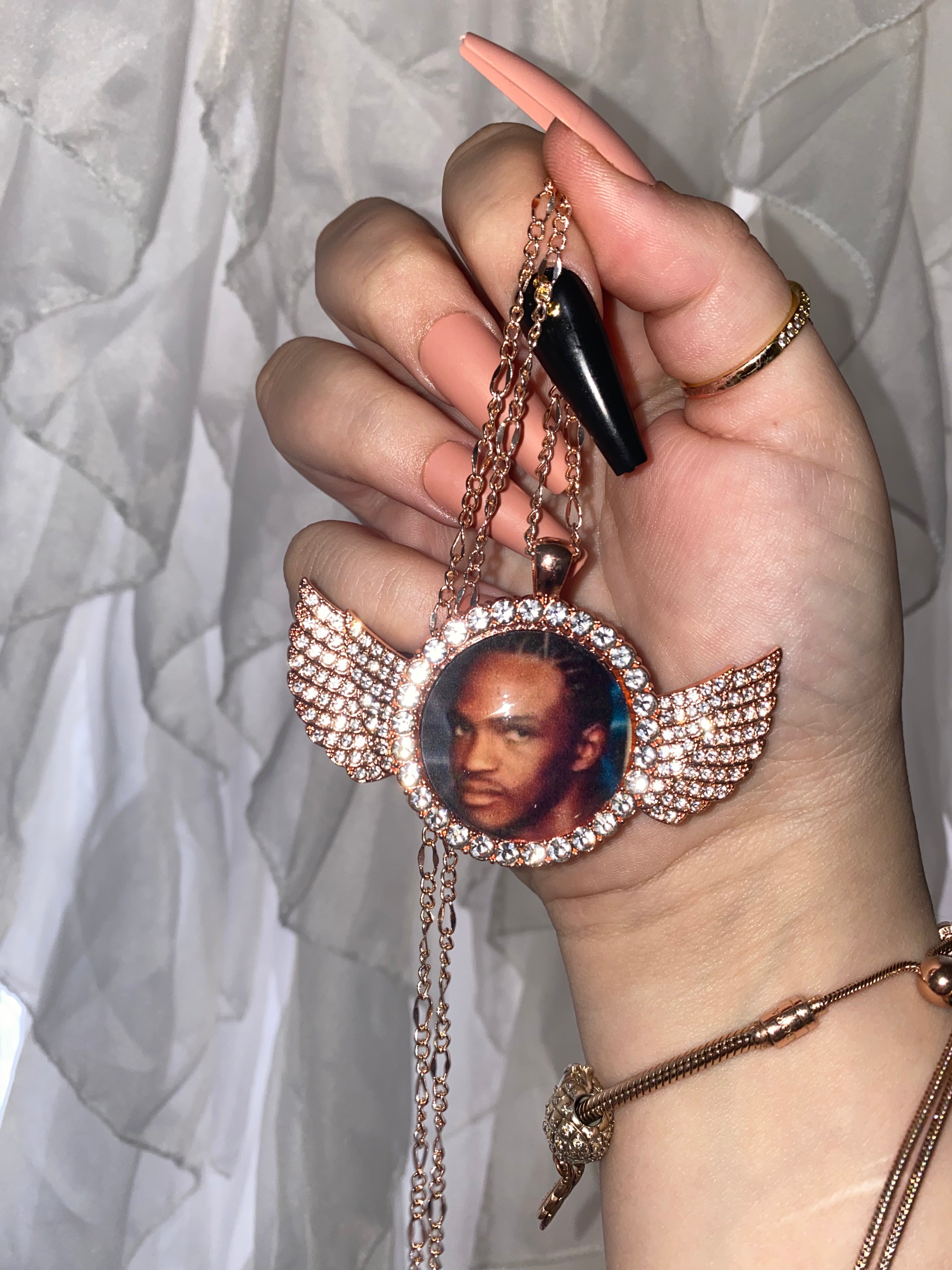 Rose Gold Photo Pendant | Wings of Grace Collection | Necklace, Bangle, Keychain | 30MM Photo Pendant with Rhinestone Angel Wings