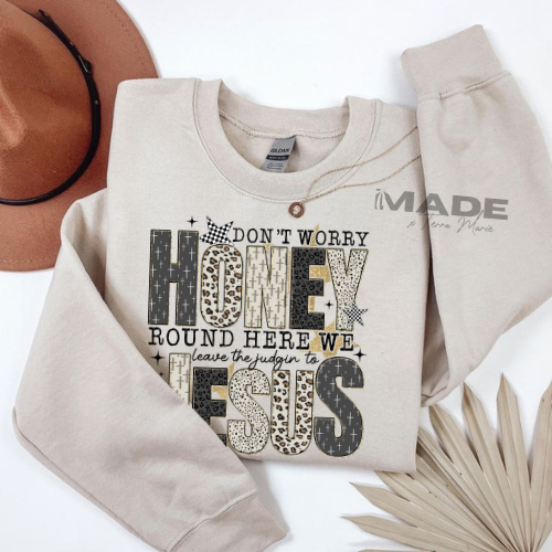 Don't Worry Honey, Round Here We Leave the Judging to Jesus | Faith Based Apparel | Leopard Print, Crosses, and Stars