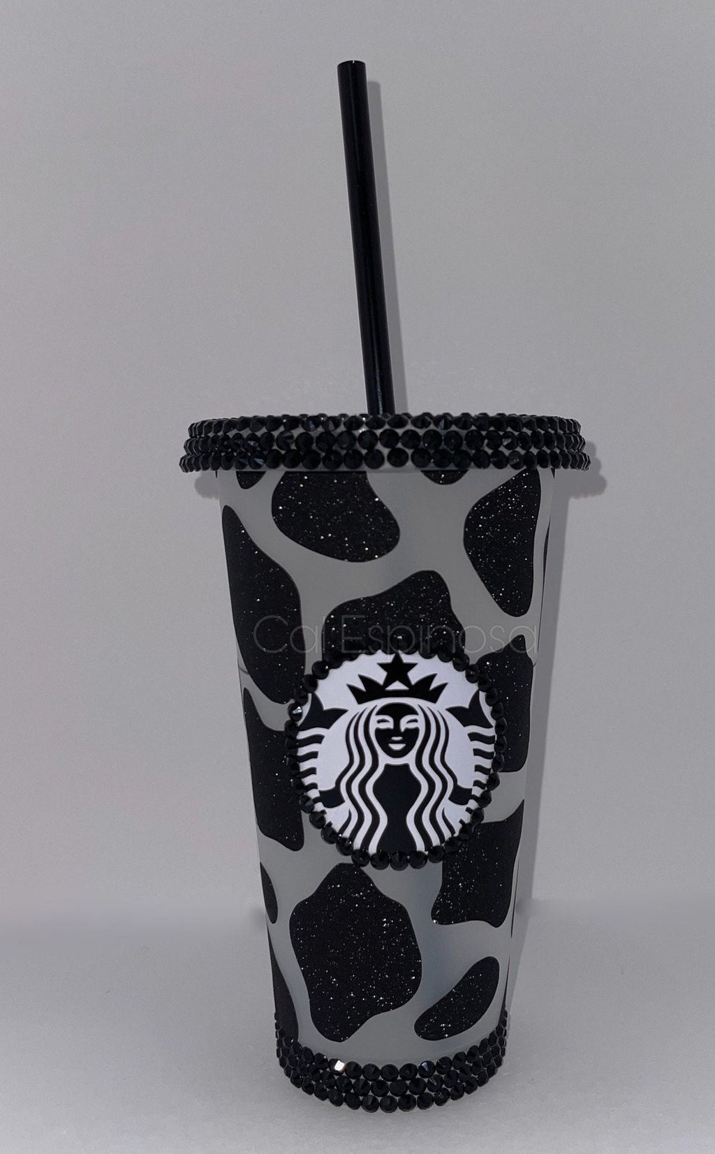 COW PRINT TUMBLER “Moo-re Sparkles” 24OZ BLACK GLITTER COW PRINT COLD CUP WITH OR WITHOUT RHINESTONES
