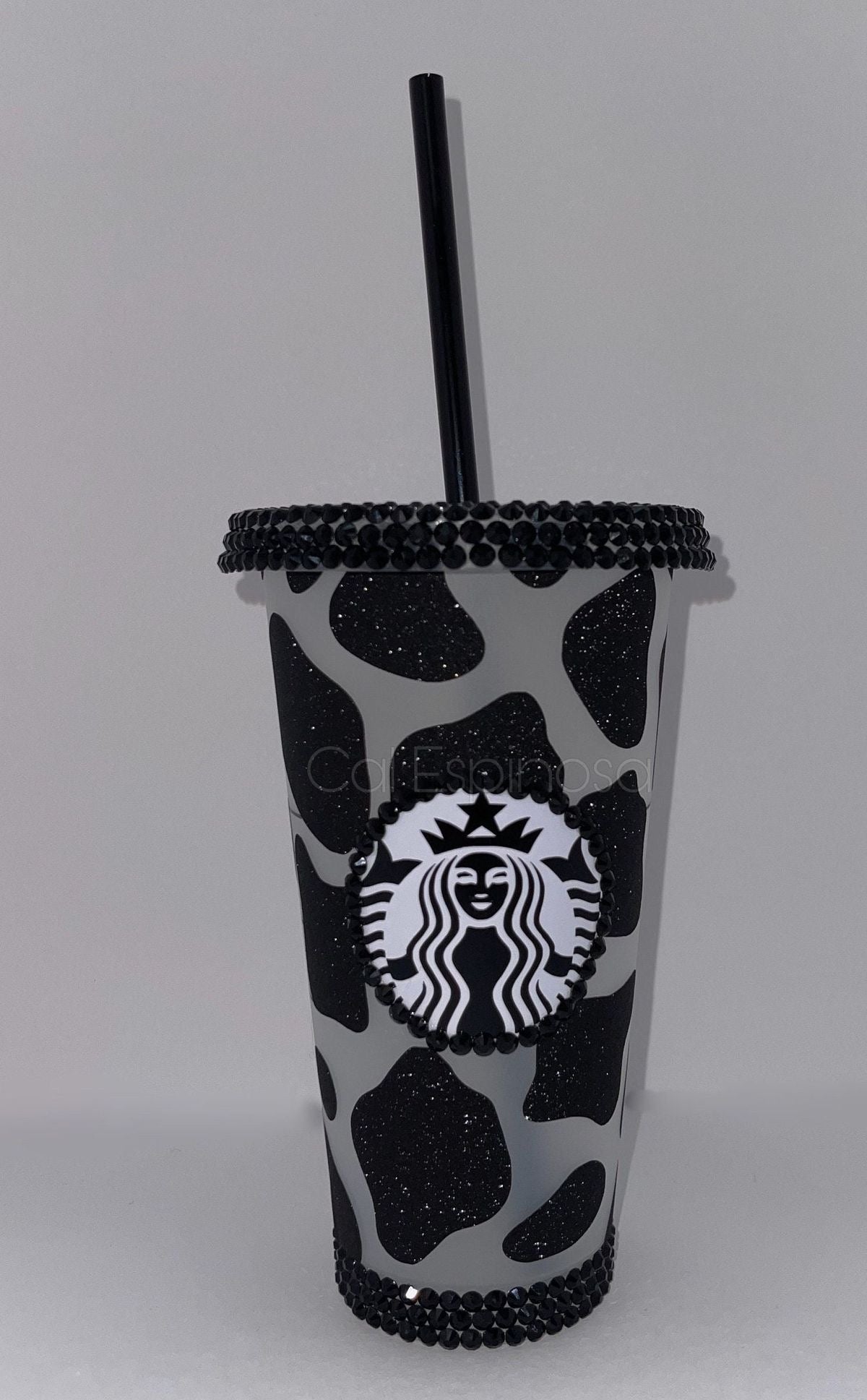 COW PRINT TUMBLER “Moo-re Sparkles” 24OZ BLACK GLITTER COW PRINT COLD CUP WITH OR WITHOUT RHINESTONES