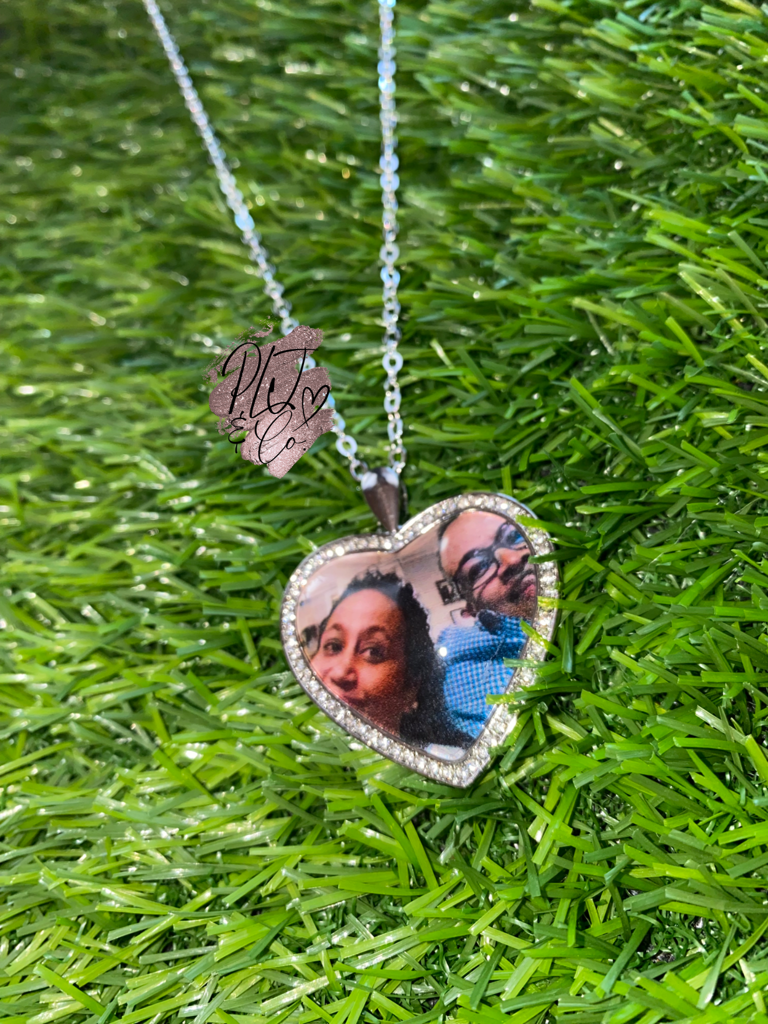 Silver Photo Pendant | The Amoré Collection| Necklace, Bangle, Keychain | 30MM Heart Shaped Photo Pendant with Rhinestone Border