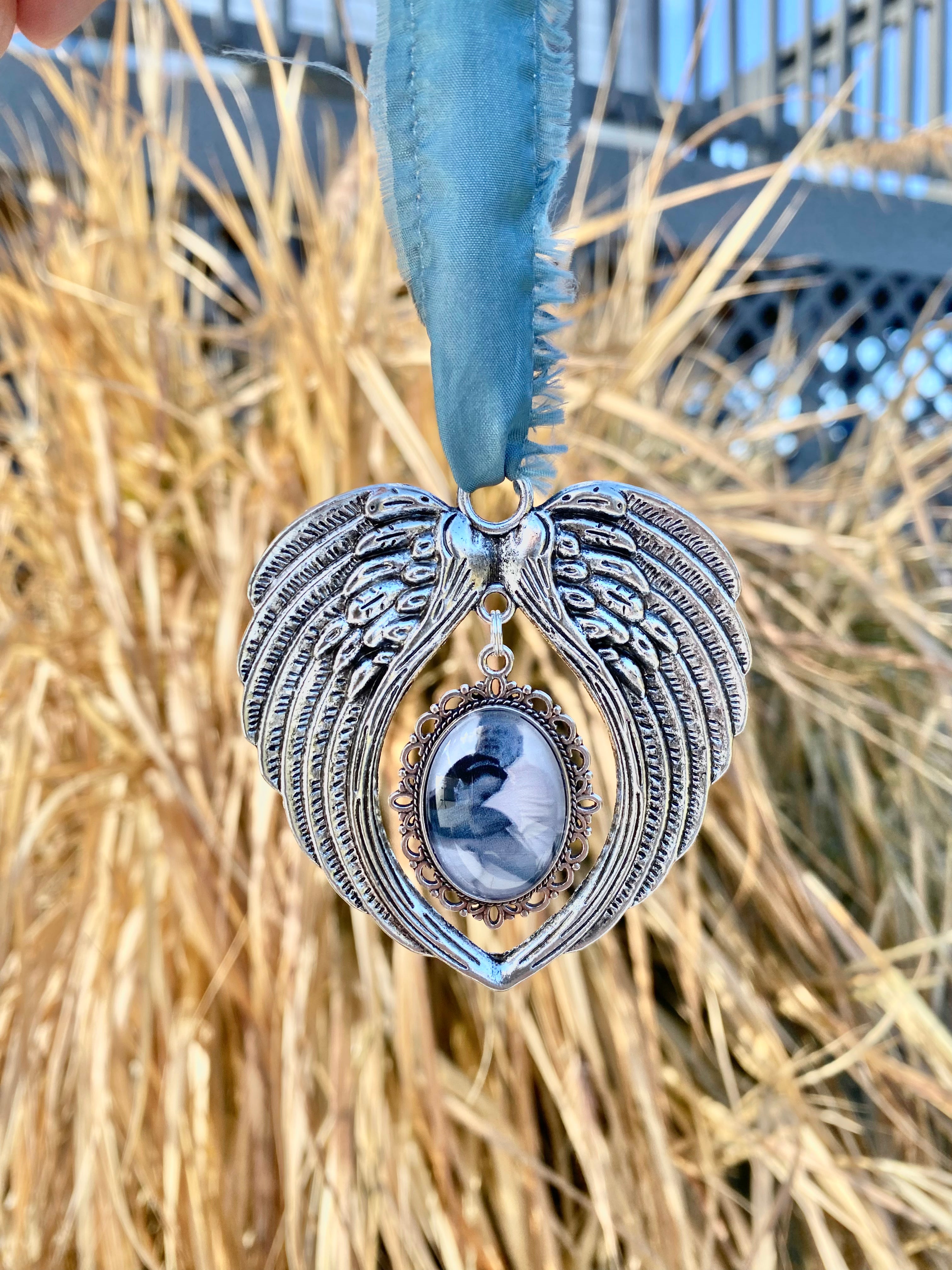 HANGING MEMORIAL PHOTO CHARM “Angel Wings” CAR CHARM | ORNAMENT | WALL HANGER