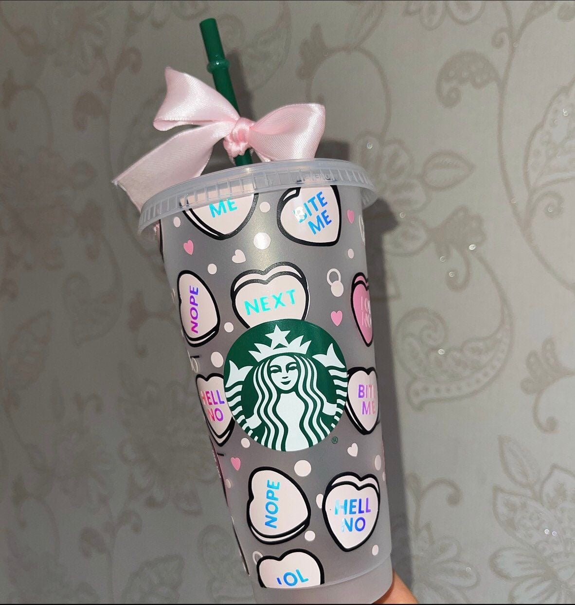 PREPPY TUMBLER “Anti-Conversation Hearts” 24OZ CUSTOM FROSTED COLD CUP WITH STRAW
