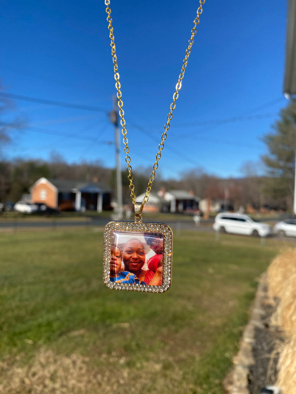 Gold Photo Pendant | Modern Muse | Necklace, Bangle, Keychain | 25MM Gold Square Photo Pendant with Rhinestone Border