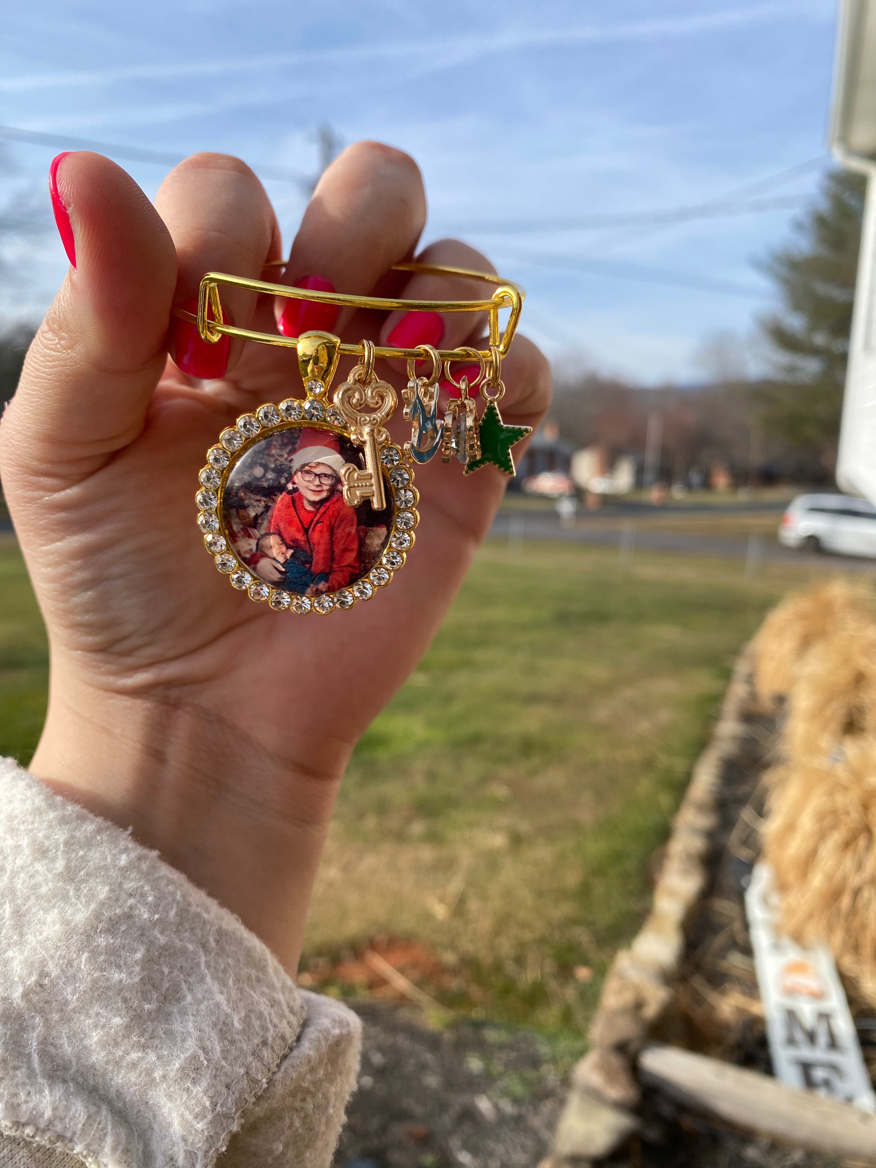 Gold Photo Pendant - The Remi Collection | Custom 25mm Photo Pendant Necklace, Bangle, or Keychain with a Rhinestone Border