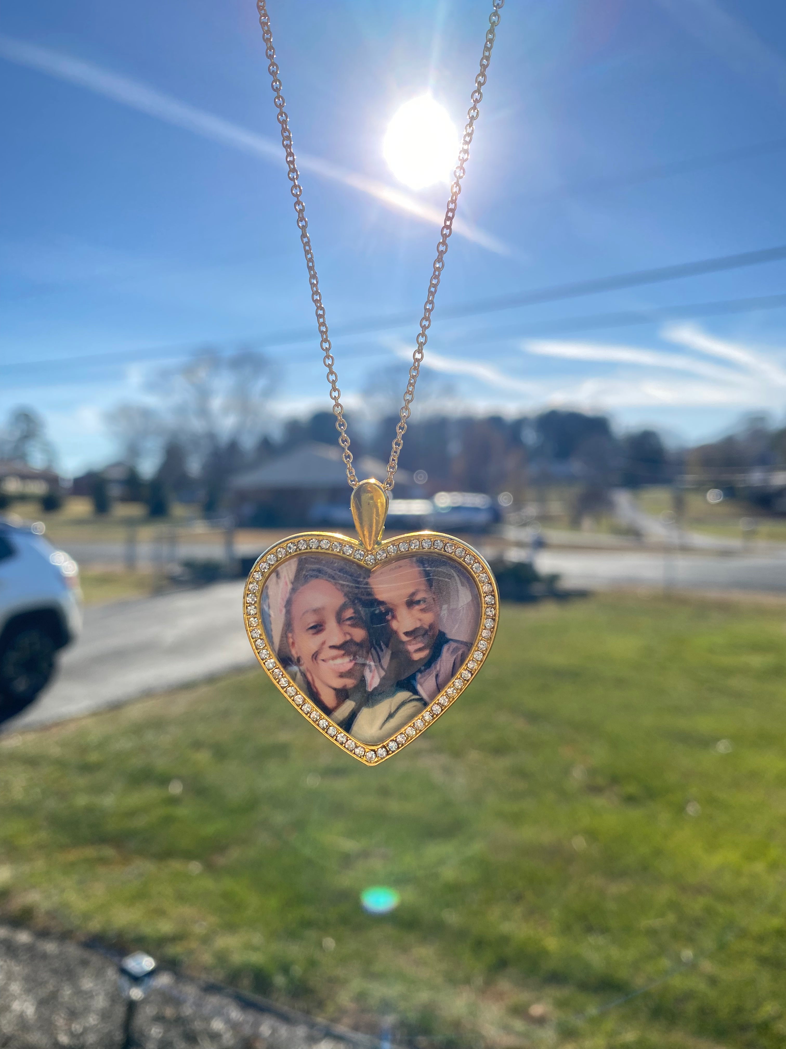 Gold Photo Pendant - The Amoré Collection | 30mm Heart Shaped Photo Necklace, Bangle, or Keychain with a Rhinestone Border