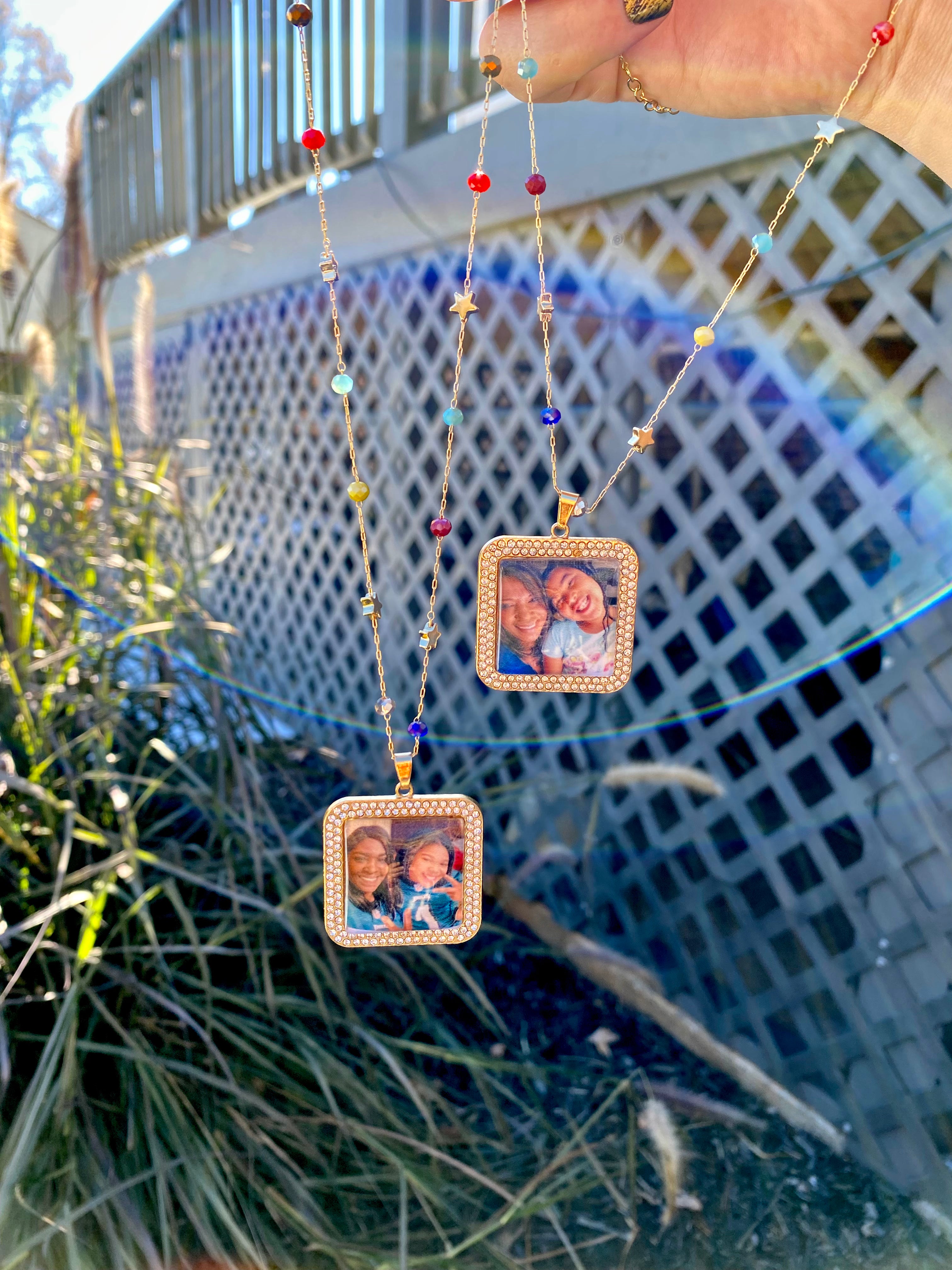 Gold Photo Pendant | Modern Muse | Necklace, Bangle, Keychain | 25MM Gold Square Photo Pendant with Rhinestone Border