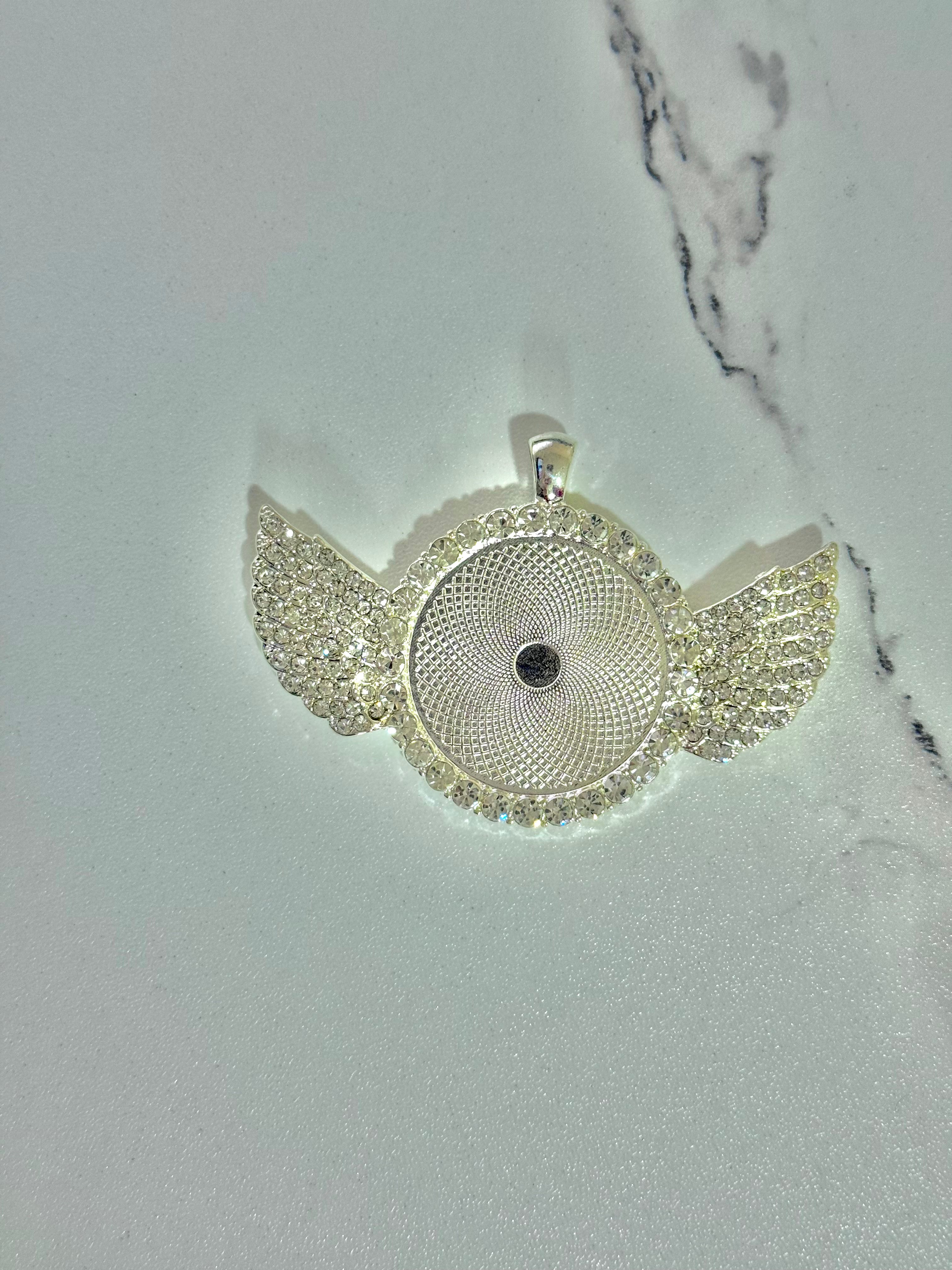 Silver Photo Pendant | Wings of Grace Collection | Necklace, Bangle, Keychain | 30MM Photo Pendant with Rhinestone Angel Wings
