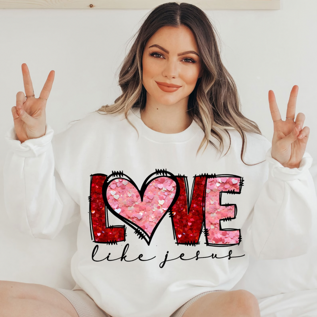 FAITH-BASED APPAREL “Love Like Jesus” FAUX HEART SEQUIN GRAPHIC TEE