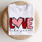 FAITH-BASED APPAREL “Love Like Jesus” FAUX HEART SEQUIN GRAPHIC TEE